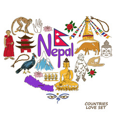 Nepal symbols in heart shape concept