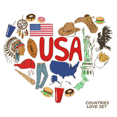 USA symbols in heart shape concept