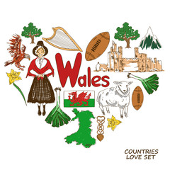Wales symbols in heart shape concept