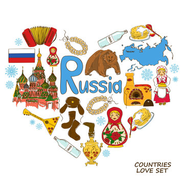 Russian symbols in heart shape concept