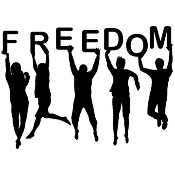People silhouettes jumping and holding the letters with word Fre