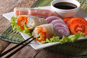 vegetable spring rolls on a plate close-up. horizontal