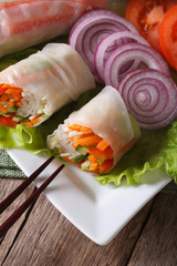 vegetable spring rolls with sauce ertical top view