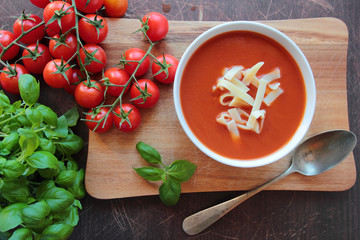 Fresh tomato cream soup in a bowl with macaroni