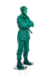 Man on a green toy soldier costume