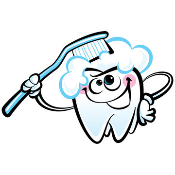 Happy cartoon white molar tooth character washing with dental to