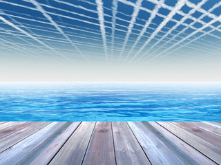 Conceptual wood deck over sea and sky