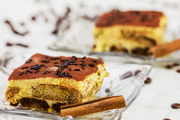 Tiramisu Cake with coffee beans and cinnamon