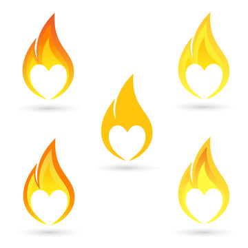 Icons of fire with heart silhouette