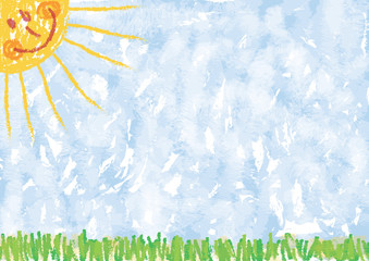 Kinderzeichnung: Sommerlicher Hintergrund, Sonne, Himmel, Gras - 76301392