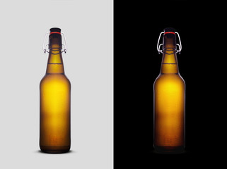 Liter beer bottles isolated on grey and black backgrounds