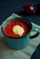 Ukrainian and russian national red soup borsch closeup