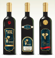 Black bottles for wine with gold and blue labels