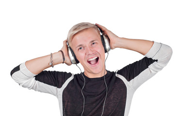 Young handsome man singing with headphones