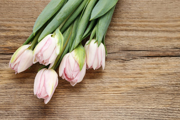 Beautiful pink and white tulips on wooden background - obrazy, fototapety, plakaty