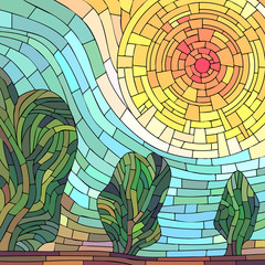 Abstrakte rote Sonne des quadratischen Mosaiks mit Bäumen.