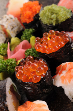 Salmon eggs sushi with assorted sushi