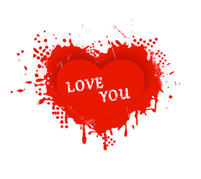 Red grungy Valentines heart with Love you lettering