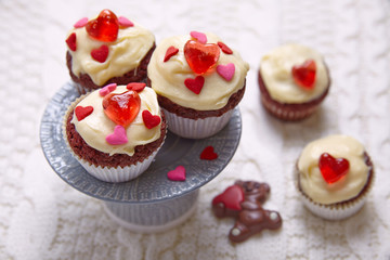 Red velvet cupcakes decorated with hearts