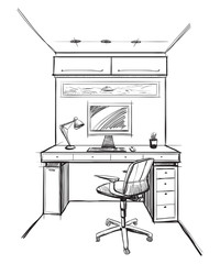 Home office interior sketch. - 76309310