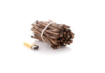 bundle of firewood with lighters on white background