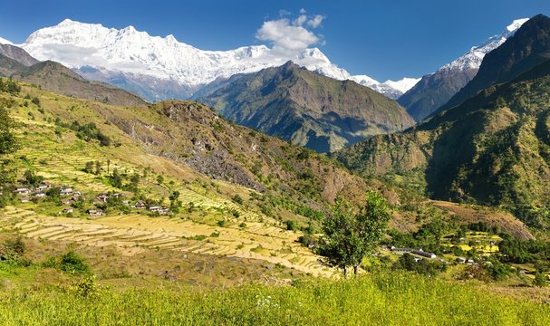 Beautiful village in western Nepal with Dhaulagiri Himal