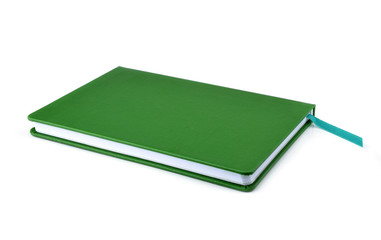 Green notebook isolated on white background.