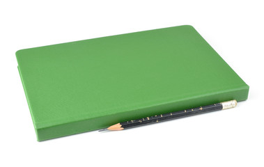 Green notebook isolated on white background.