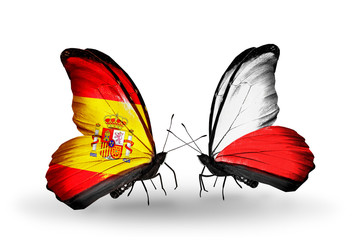 Two butterflies with flags Spain and Poland