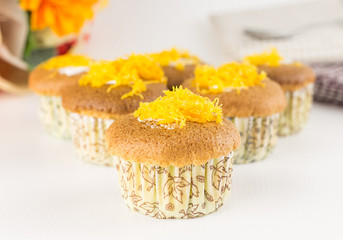 Thai dessert - Cup cake with thai golden thread on white