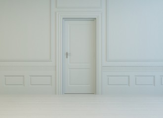 White paneled room with a closed door