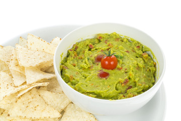 nachos with guacamole isolated on white