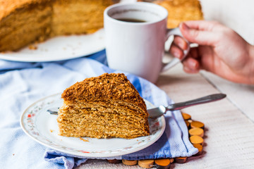 honey cake with cream shortcakes impregnation, sweet dessert