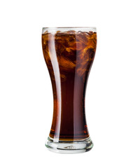 Glass of cola with ice on white background