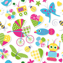 cute baby stroller hearts flowers toys and animals pattern