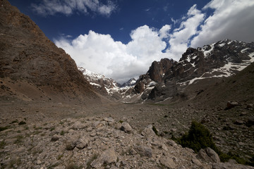 Mountains and sky with clouds. Wide angle view.