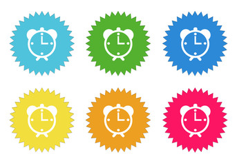 Set of colorful stickers icons with alarm clock symbol