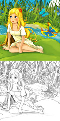 Fototapeta na wymiar Cartoon fairy tale scene - coloring illustration