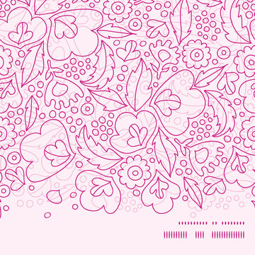 Vector pink flowers lineart horizontal frame seamless pattern