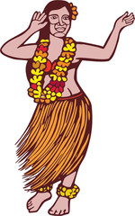 Polynesian Dancer Grass Skirt Linocut