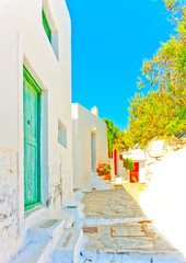 street view of Chora the capital of Amorgos island in Greece