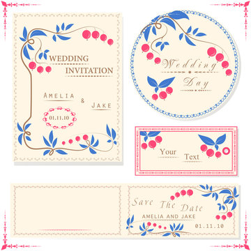 Wedding invitation cards and tag, wedding set with berry