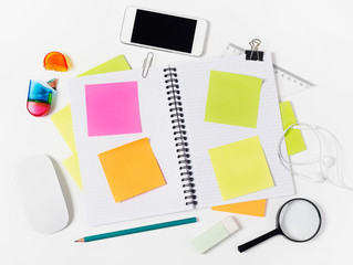 Notebook with adhezive notes and supplies