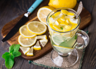 Glass with mint and lemon tea