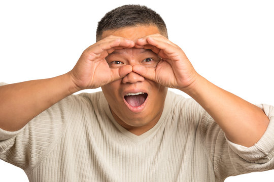 surprised curious guy funny man looking through binoculars