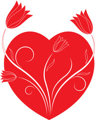 Isolated Red Heart and Red Tulips Illustration