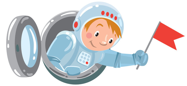 Funny boy cosmonaut or astronaut with flag