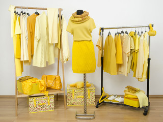 Dressing closet with yellow clothes and winter outfit on dummy.