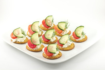 Crackers with Cheese Tomato Cucumber and Dill
