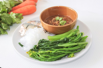 Chili Sauce With Steamed Fish And Blanched Vegetables